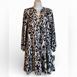 Tahari Black and Cream Long Sleeve Abstract Print Dress Midi New